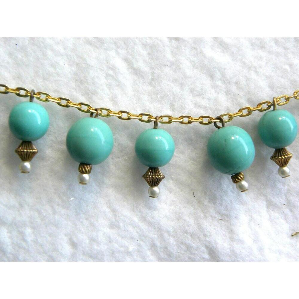 Vintage Early Miriam Haskell Turquoise Bead Necklace Pearl Gold Tone - Picture 5 of 6